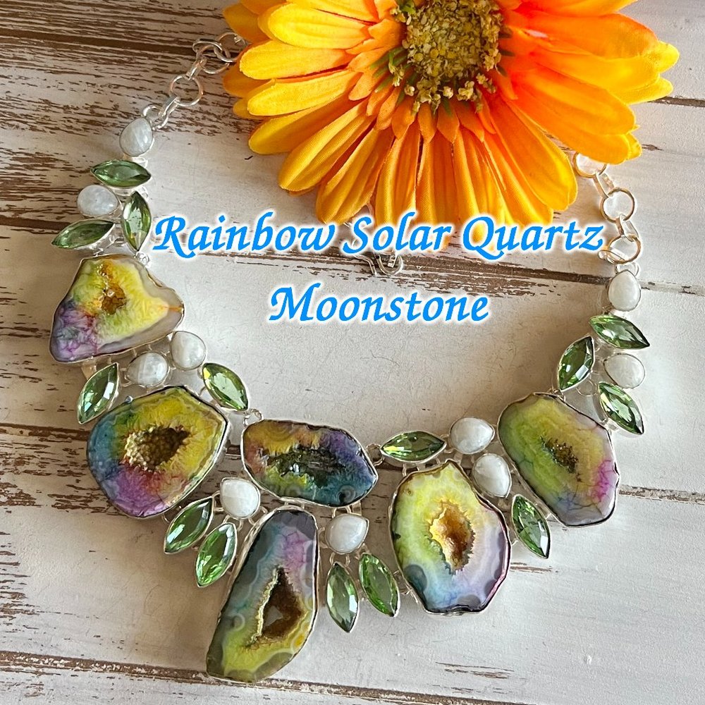 Rainbow Solar Quartz Moonstone Necklace Handmade Stone Gemstone 925 Silver Large